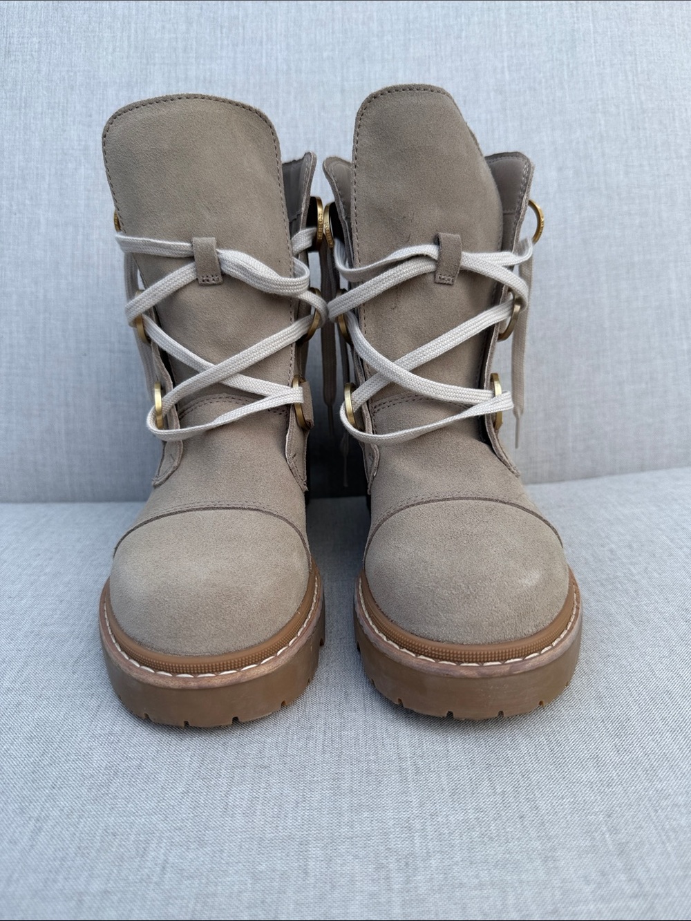 Sorel Taupe Suede Lace-Up Ankle Boots with Gold Hardware